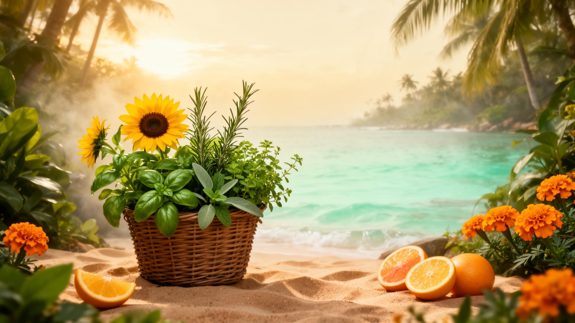 Basket of fresh herbs and sunflowers at a tropical sunset beach